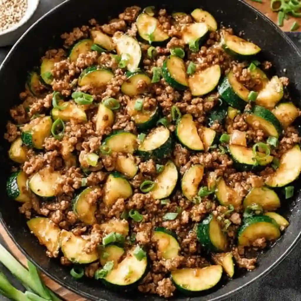 Skillet with ground turkey, zucchini, and green onions in savory sauce