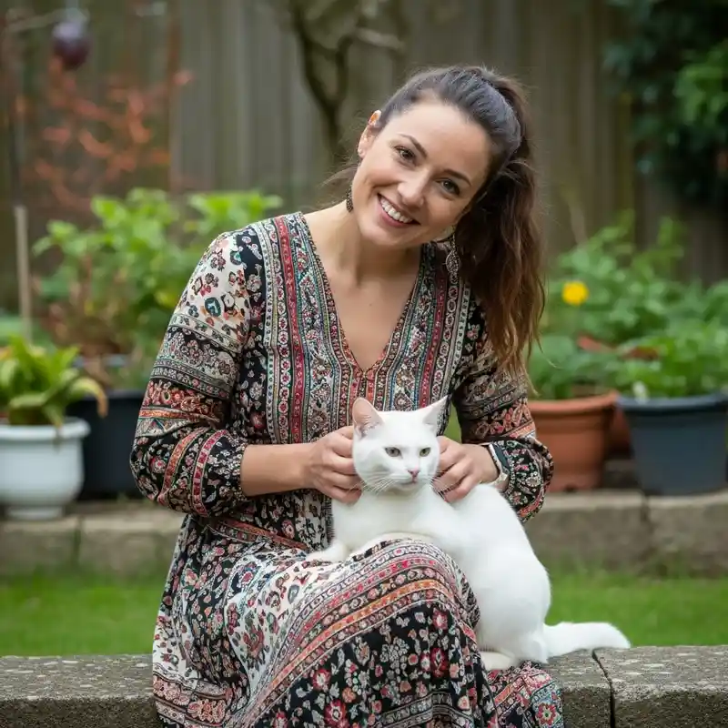 Becky Masson smiling in boho dress holding white cat in lush garden