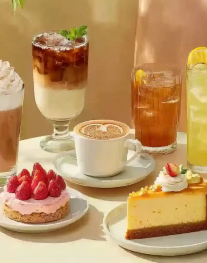 Desserts & Drinks – Sweet Treats and Refreshing Beverages Assorted desserts and drinks with cheesecake, berry tart, coffee, iced tea, and lemonade