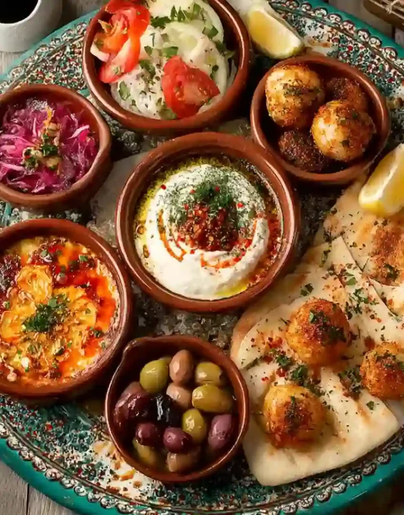 Flavors & Wellness - Mediterranean Mezze Platter Mediterranean mezze platter with hummus, falafel, olives, pita bread, and fresh vegetables