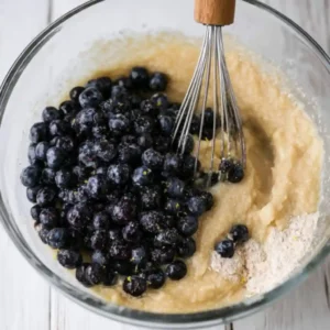 Fresh blueberries being folded into thick lemon batter for a sugar-free pudding cake.