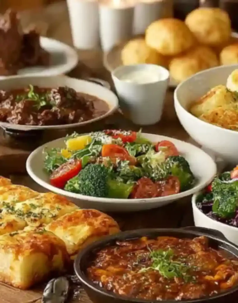 Hearty Mains & Sides - Comfort Food Feast Hearty mains and sides with fresh salad, savory stews, baked bread, and cheesy potatoes