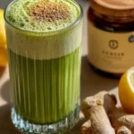 Green matcha-based Japanese Mounjaro recipe drink in a glass, made with traditional Japanese ingredients, styled as a detox drink for digestion and daily wellness.