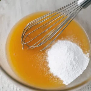 Whisking powdered sweetener into fresh lemon juice to make a sugar-free pudding cake base.