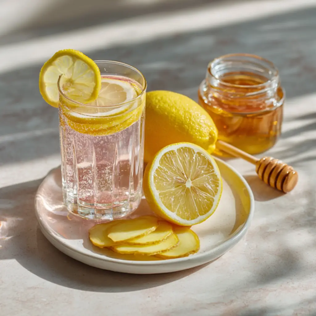 Refreshing pink salt diet recipe drink with lemon slices, ginger, and honey