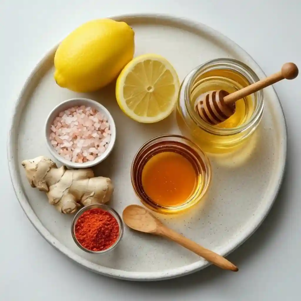 Ingredients for pink salt diet recipe including Himalayan salt, lemon, honey, ginger, cayenne pepper, and apple cider vinegar on a white ceramic plate