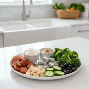 Healthy snack plate with cucumber slices, broccoli, cheese cubes, dragon fruit, and dip.