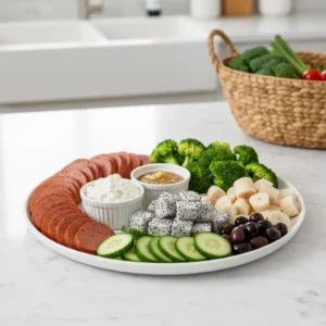Charcuterie-style snack plate with cucumber, cheese, dragon fruit, pepperoni, and dips.