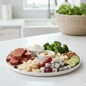 Gourmet snack plate with grapes, dragon fruit, cheese, broccoli, and assorted dips.