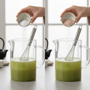 Adding sugar and pink Himalayan salt to a glass pitcher of matcha.