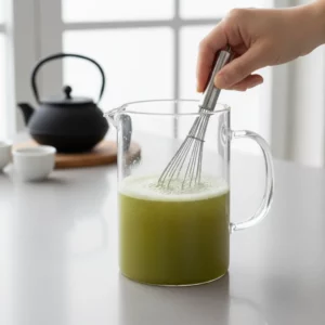 Whisking a matcha cucumber drink until smooth and frothy.