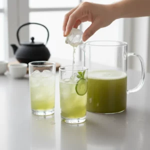 Pouring matcha cucumber drink into glasses with ice and cucumber slices.