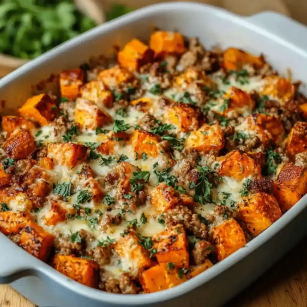 ground turkey sweet potato bake with melted cheese in white casserole dish healthy high protein dinner