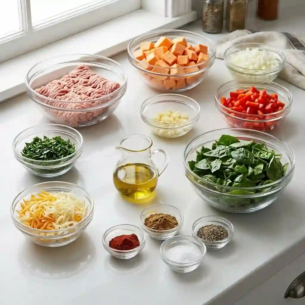 ingredients for ground turkey sweet potato bake with raw turkey sweet potatoes spinach cheese and spices
