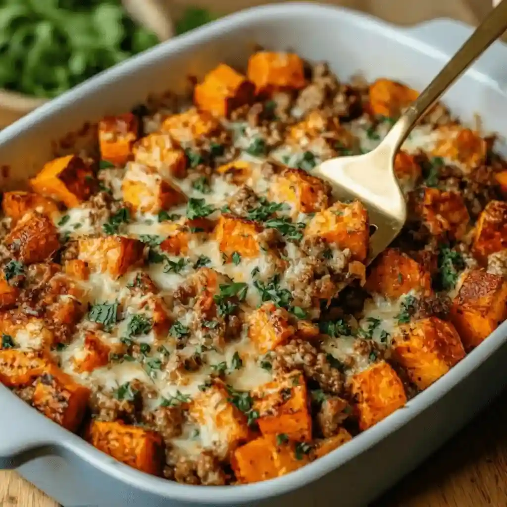 serving ground turkey sweet potato bake with melted cheese being scooped from casserole dish