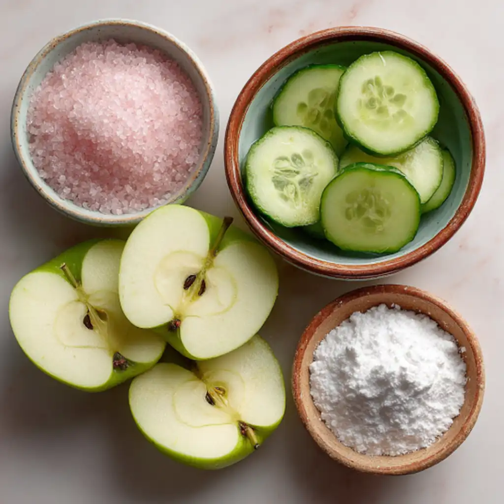 homemade electrolyte drink ingredients with apple slices, cucumber, Himalayan pink salt, and baking soda