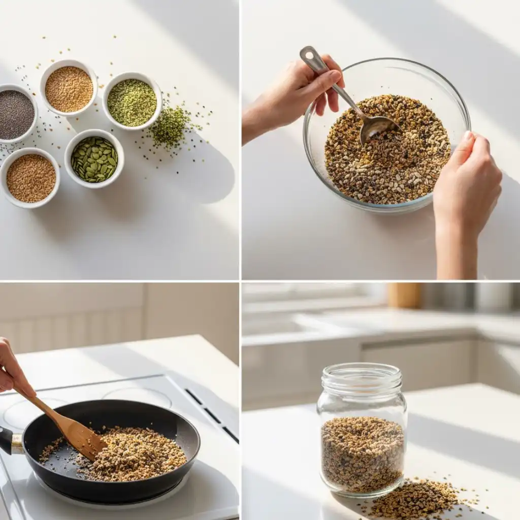 Step-by-step instructions for a bariatric seed récipe, measuring, mixing, toasting, and storing the seed blend in a glass jar