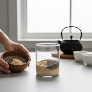 Adding chia seeds and ginger powder into a glass.