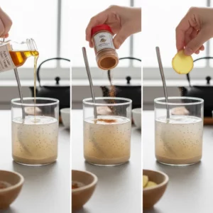 Adding maple syrup, cinnamon, and ginger slices to the chia drink.
