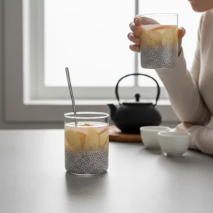 Person holding and drinking a chia apple drink.