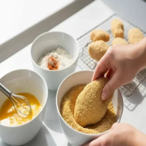 Hands coating a piece of chicken in golden breadcrumbs