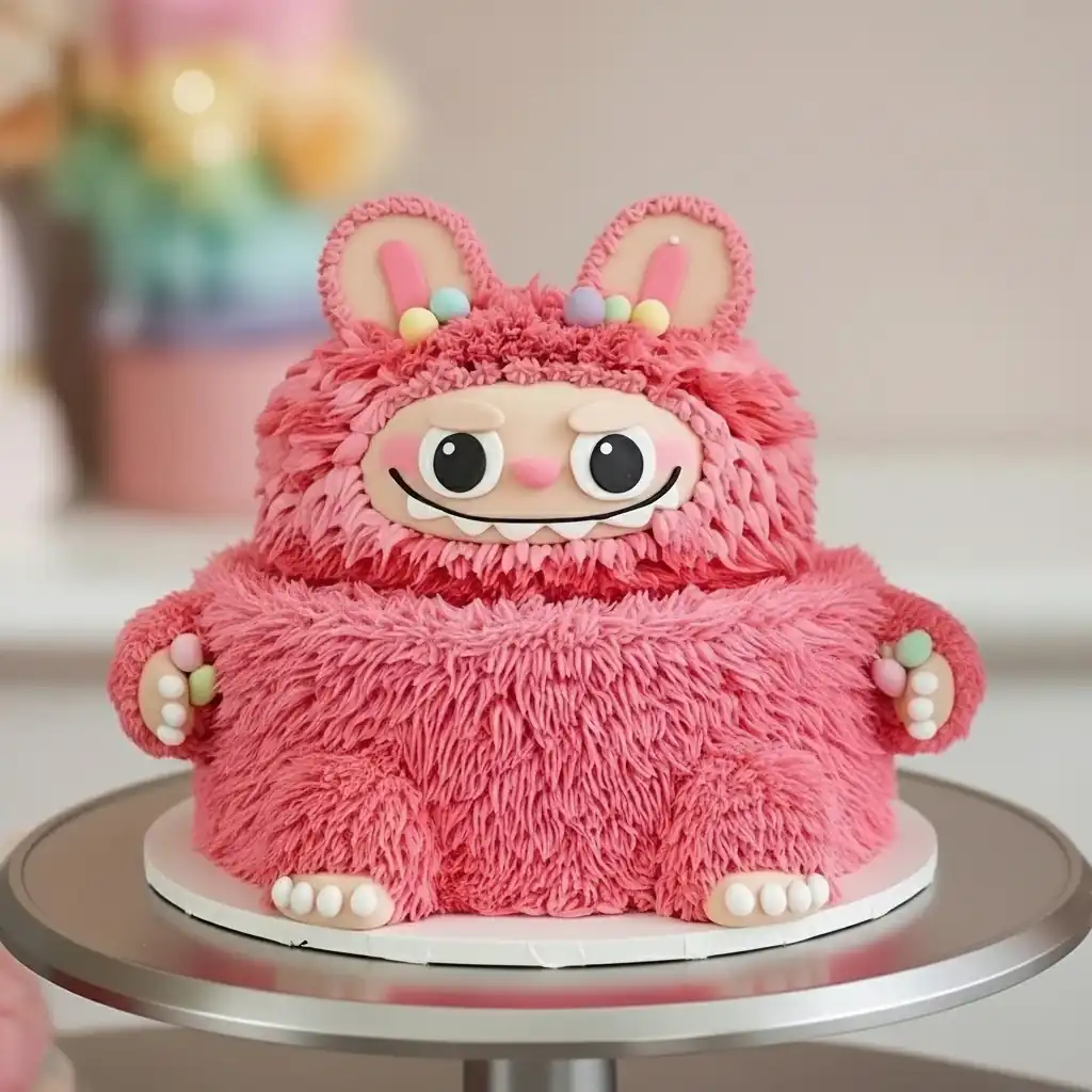 Pink Labubu character cake with textured fur frosting and fondant details on a cake stand.