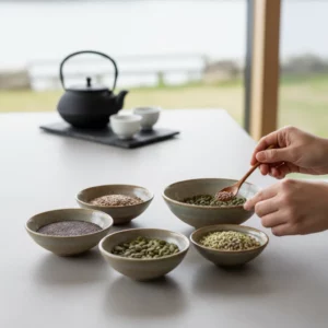 A variety of seeds in bowls including pumpkin, flax, and sunflower seeds.