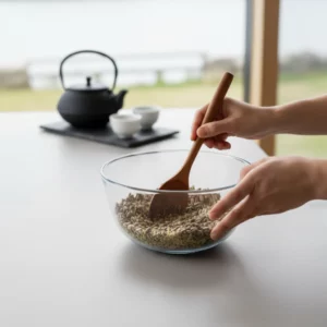 Mixing various seeds in a glass bowl with a wooden spoon.