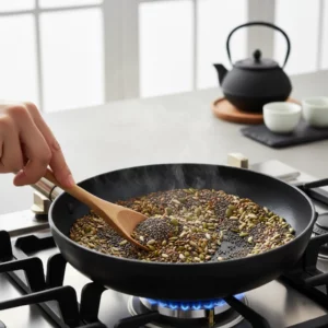 Toasting mixed seeds in a frying pan on a stove.