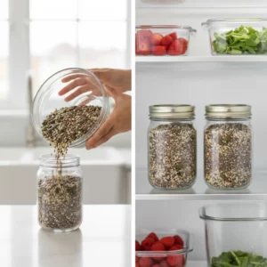 Pouring and storing roasted seed mix into glass jars in a fridge.