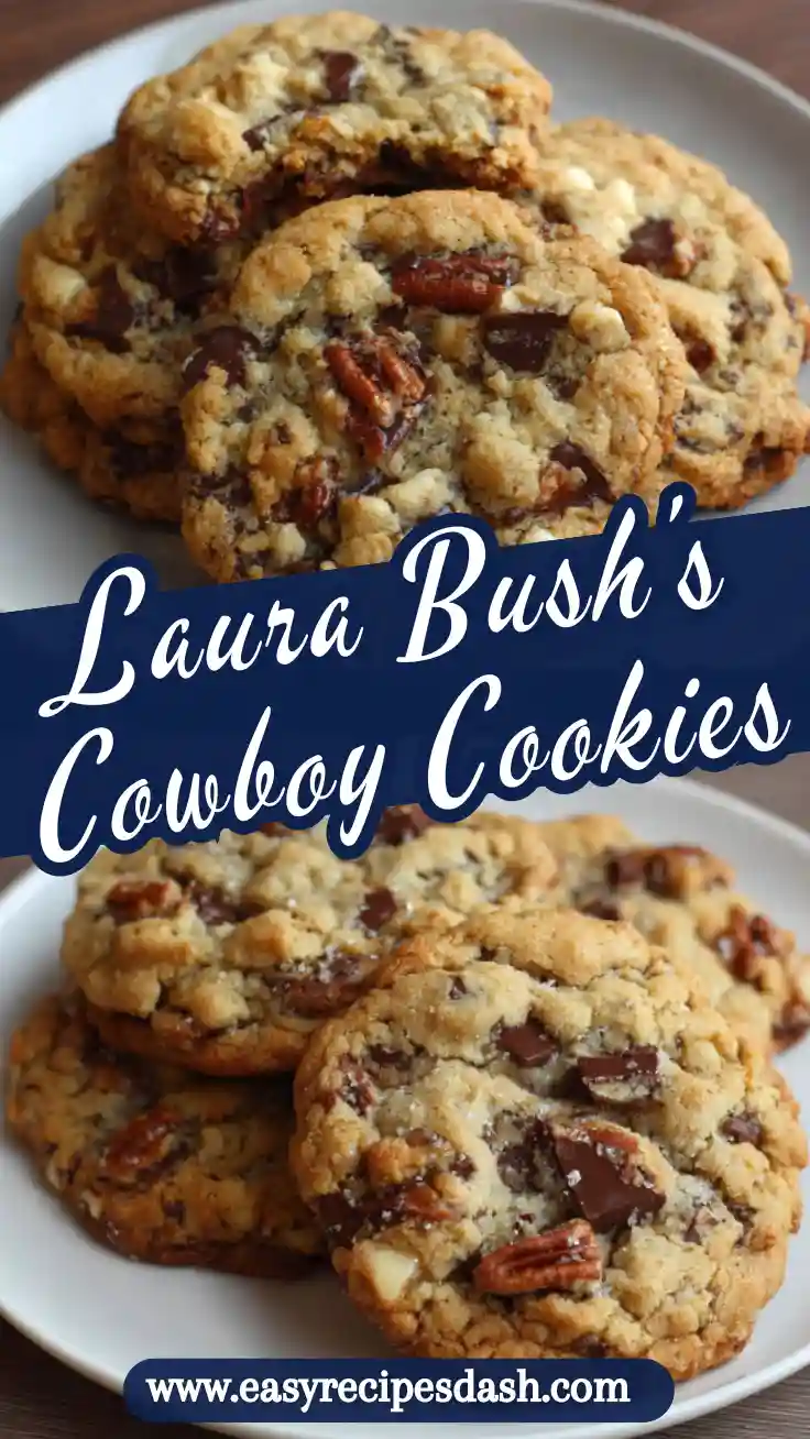 Laura Bush’s Cowboy Cookies stacked with oats and chocolate chips, a texas cowboy cookies recipe inspired by cowboy cookies Laura Bush and pioneer woman style baking.