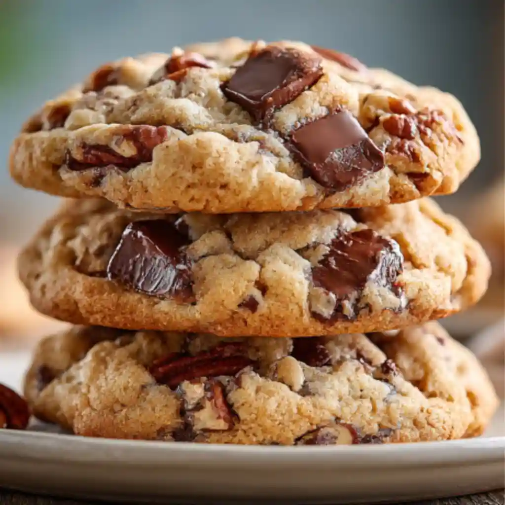 Laura Bush's cowboy cookies stacked with chocolate chunks, oats, and pecans on a plate, classic Texas-style homemade cookie recipe.