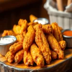 crispy golden boneless chicken wings on a wooden board with dipping sauces and spicy buffalo seasoning