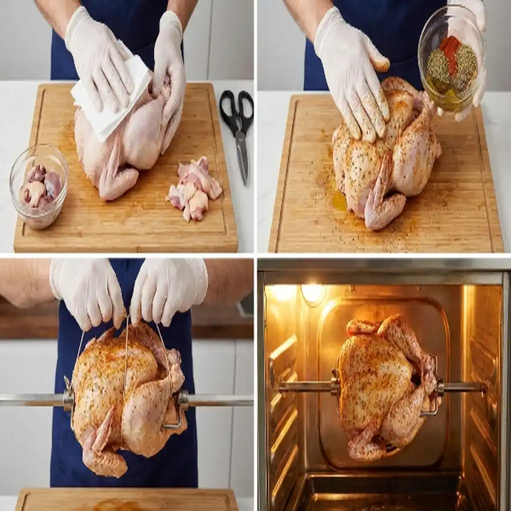Four-step collage showing drying, seasoning, securing, and roasting a whole chicken on a rotisserie.