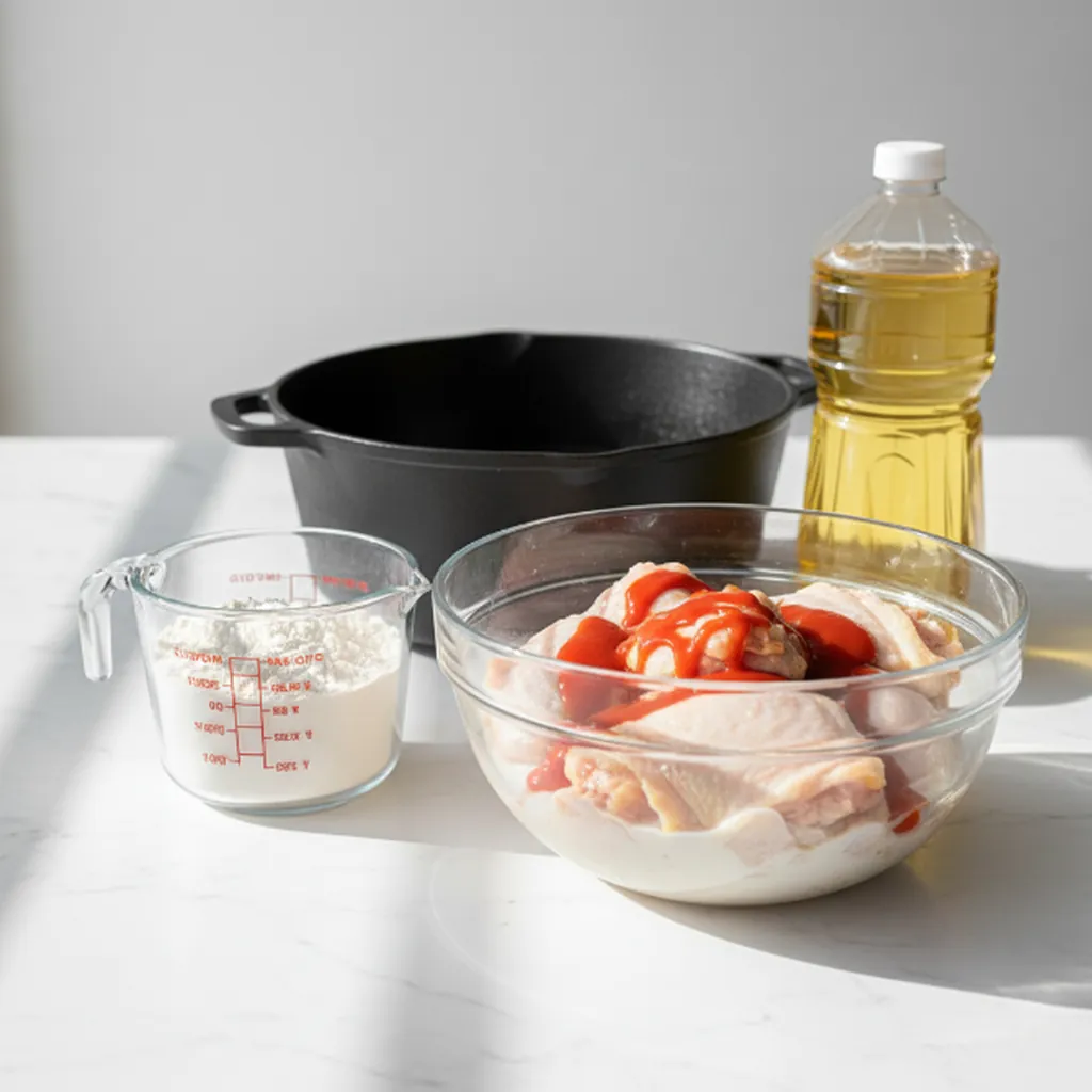 Chicken pieces marinated with hot sauce, flour, and oil beside a cast iron pot for Dave’s Hot Chicken preparation.