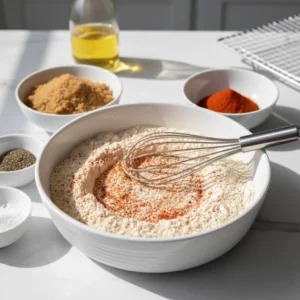 Bowl of seasoned flour with paprika, salt, and pepper for coating Dave’s Hot Chicken.