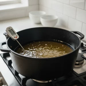 Cast iron pot filled with hot oil on a stove with a thermometer measuring frying temperature.