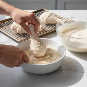Hands coating a chicken drumstick in seasoned flour mixture before frying.