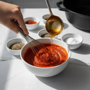 Hand pouring hot oil into a bowl of paprika and spices to create Dave’s Hot Chicken sauce.