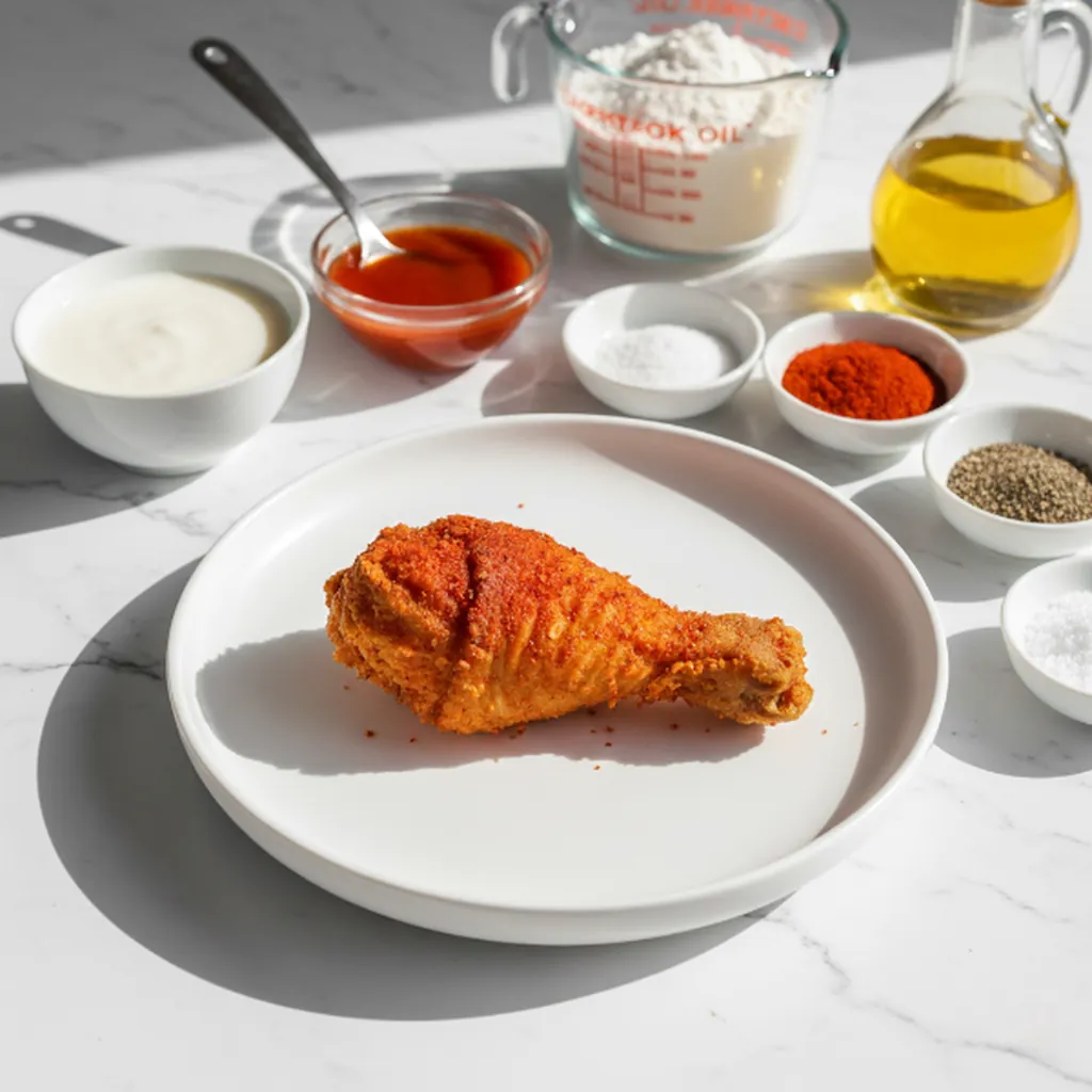Dave’s Hot Chicken crispy drumstick on white plate with ingredients: flour, paprika, oil, and sauce in bright natural light