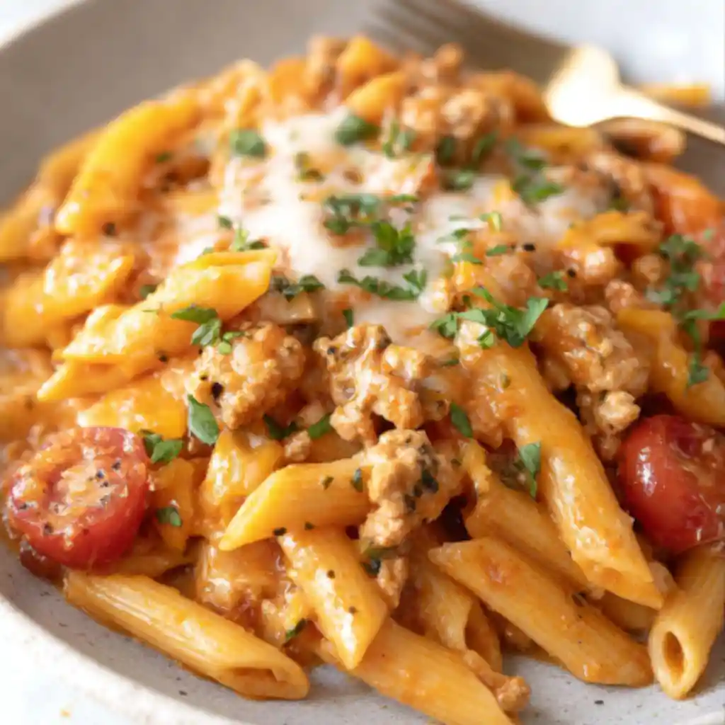ground turkey pasta served on plate with penne cherry tomatoes melted cheese and herbs