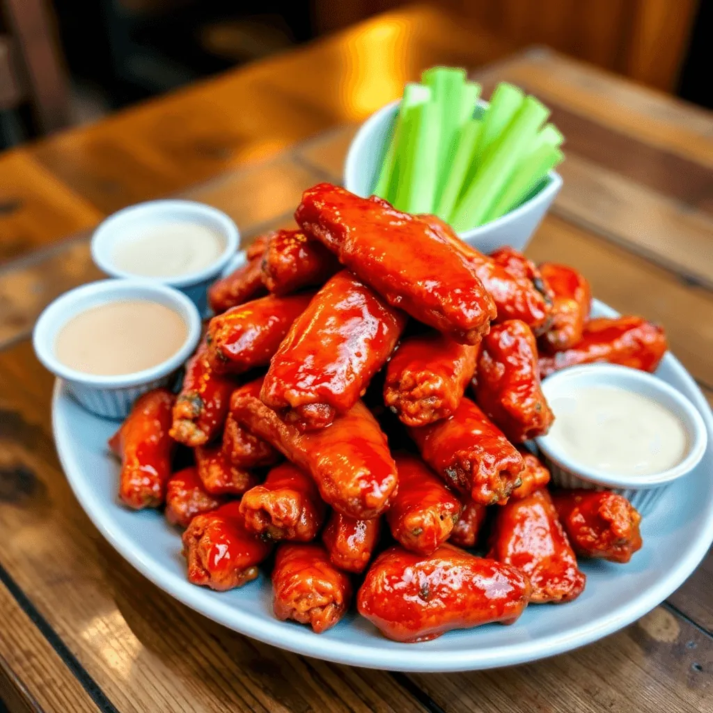 spicy glazed hot wings served on a plate with creamy dipping sauces and fresh celery sticks