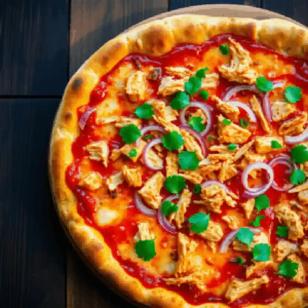 BBQ chicken pizza topped with shredded chicken, red onions, cilantro, and tangy sauce on a golden crust.