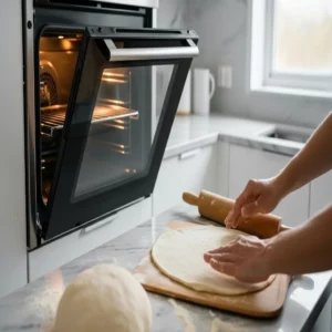 Hands rolling pizza dough on a floured board beside an open oven in a bright kitchen