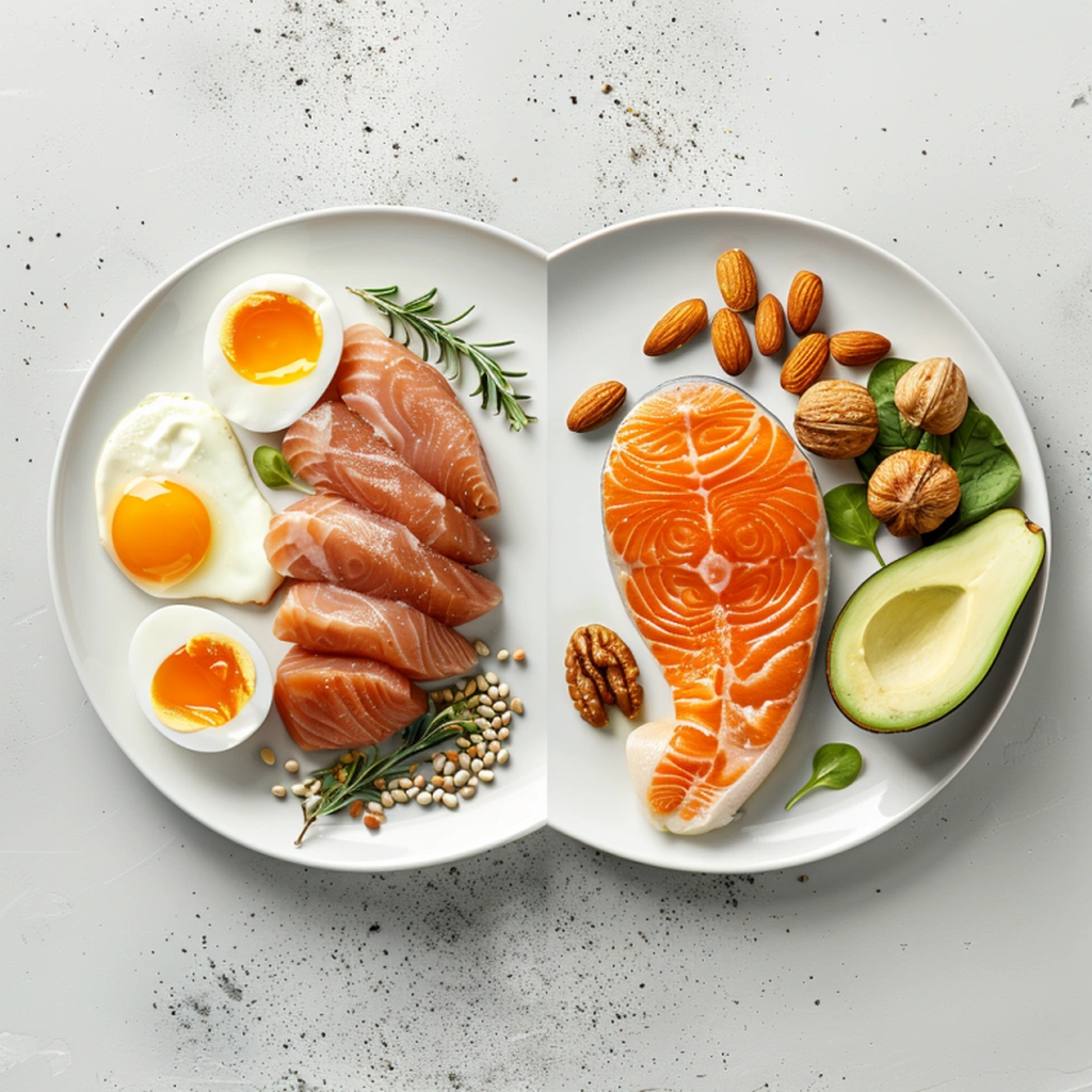 Split-screen showing high-protein Atkins foods -Atkins Diet- on one side and high-fat keto foods -Keto Diet- on the other.