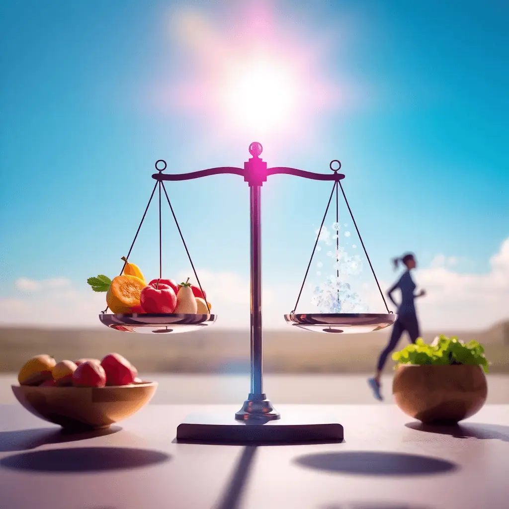 Calorie deficit concept showing a balanced scale with fruits and vegetables on one side and energy light particles on the other, with a jogging silhouette in the background.