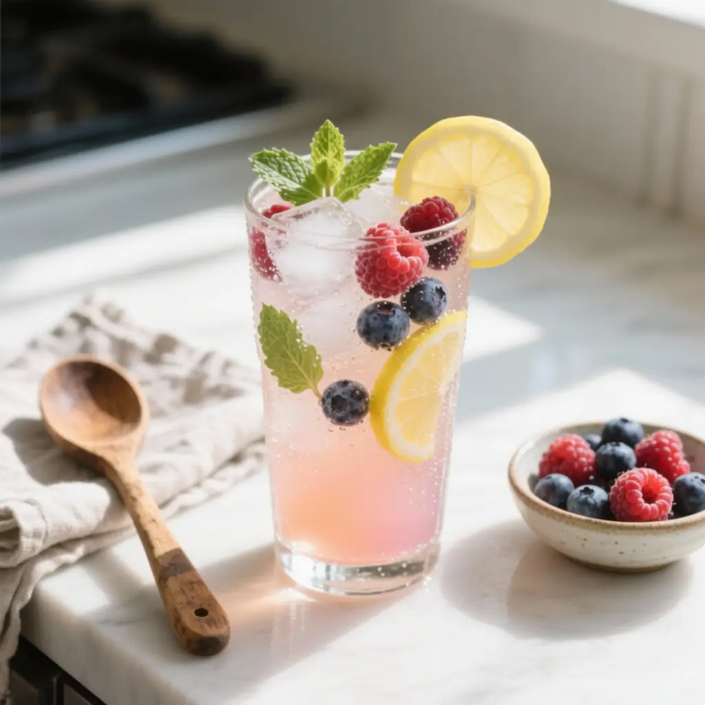 Fruity homemade prebiotic soda with lemon, berries, and mint over ice