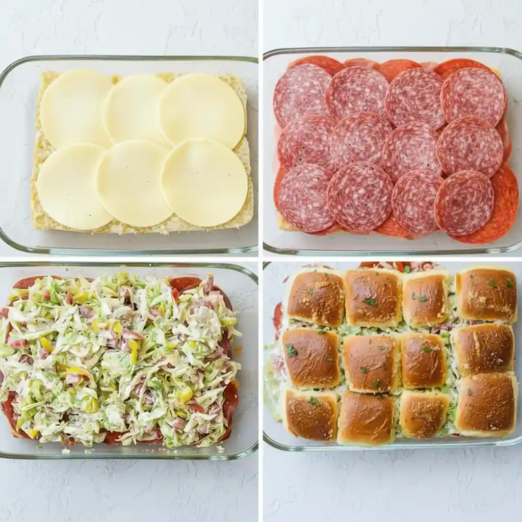 Step-by-step Italian grinder sliders with cheese, deli meats, salad topping, and baked slider buns