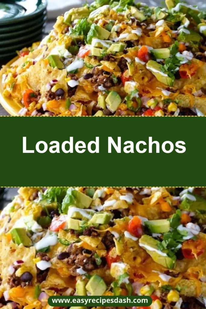 Plate of delicious loaded nachos with toppings and melted cheese