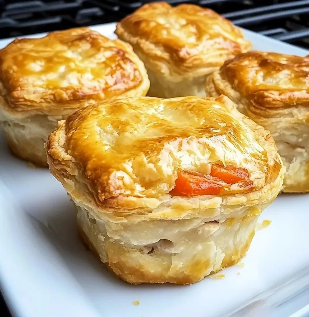 Mini chicken pot pies 2 Delicious mini chicken pot pies baked golden brown and served hot.